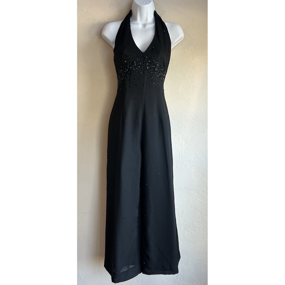 Y2K Cache Black Beaded Jumpsuit Halter Wide‎ Leg Evening Glam Formal Empire 4